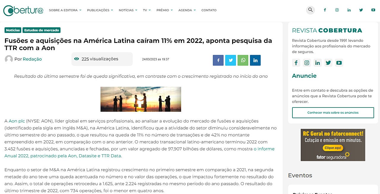 Fuses e aquisies na Amrica Latina caram 11% em 2022, aponta pesquisa da TTR com a Aon
